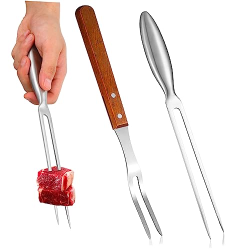Outanaya 2Pcs Bbq Fork Tool Stainless Steel Carving Fork Wooden Handle Roasting Stick for Grilling for Barbecue Meat Serving and Cooking Projects