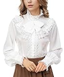 Women Victorian Blouse Long Sleeve Shirts Stand Collar Lotus Ruffle Medieval Gothic Tops White