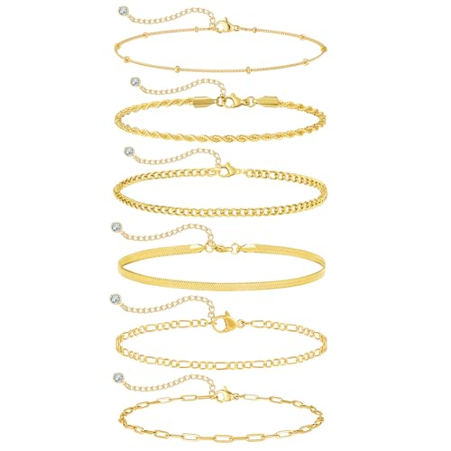 Image of Rotnso Anklets for Women 14K Gold Silver Plated Ankle Bracelets Trendy Waterproof Boho Anklets Set Adjustable Dainty Cute Diamond Beaded Heart Non Tarnish Summer Beach Jewelry Gift