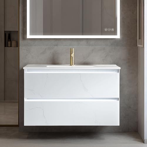 Blossom 36 Inch Floating Bathroom Vanity with Sink, Waterproof Wall Mounted Vanity Cabinet, Modern Matte White Bathroom Sink Vanity with LED Task Lighting, Soft Close Drawers
