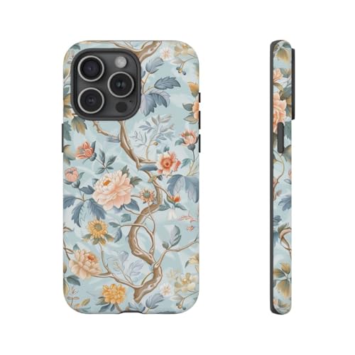 Coque iPhone 15 Pro Max motif chinois floral pastel bleu - Coque rigide mate antichoc