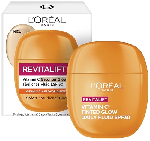 L'Oréal Paris Vitamin C Fluid, Getönt & mit LSF 30, tägliche Feuchtigkeitspflege für strahlenden Teint, gegen Falten sowie UVA- & UVB-Strahlen, leichtes Glow-Fluid, Revitalift, 1 x 40ml
