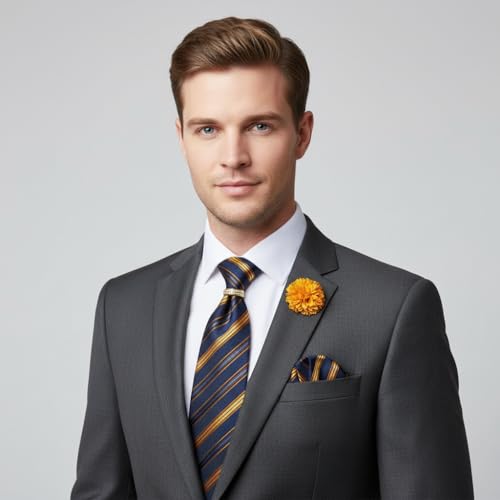 Image of 5PCS Mens Premium Silk Tie, Pocket Square, Cufflinks, Drilled Tie Ring and Lapel Pin Set for Wedding Groom Party
