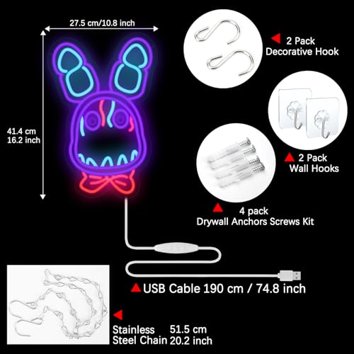Image of GTOTd Horror Rabbit Purple Wall Art Lamp Led Neon Sign Night Light | Classroom Bedroom Kids Room Decor Gifts Merch Party Supplies for Wall Decorative Acrylic USB Powered Living Room Shop Bar