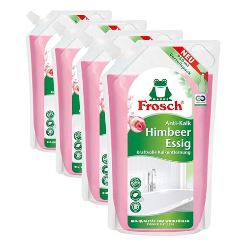 Frosch Himbeer-Essig Anti-Kalk Reiniger, Kraft-Reiniger - extra stark gegen Schmutz und Kalk, für Küche und Bad, im Nachfüllbeutel 4er Pack (1 x 950 ml)