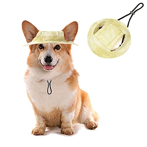 Image of HDKUW Dog Bucket Hats, Dog Round Cap with Ear Hole, Adjustable Outdoor Travel Sun Protection Sport Hat for Cat Small Medium Dogs Yellow L