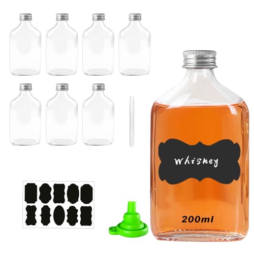 Bottiglie in vetro da 200 ml, confezione da 8 bottigliette di vetro piccole con tappo a vite argentato, imbuto, etichette e penna, bottiglie vuote riutilizzabili per vino, whisky o liquori