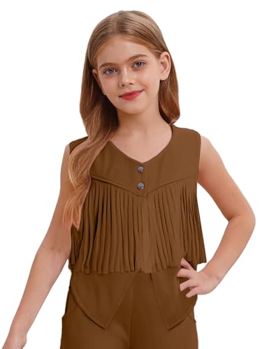 Girls Western Style Suede Fringe Vest Sleeveless Boho Jacket with Tassels Cowgirl Cardigan