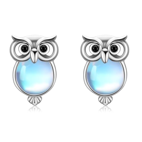 Cuoka Owl Moonstone Earrings 925 Sterling Silver Hypoallergenic Small Owl Stud Earrings Jewelry for
