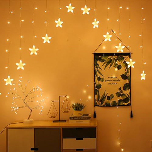 shsyue Christmas Window Lights Decorations-LED Star Curtain Light for Indoor Outdoor-Xmas Fairy String Light for Bedroom, Wedding,Party-USB Operated,Warm White