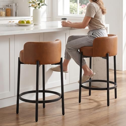 Image of CIMOTA Bar Stools Set of 4, PU Leather Counter Height Barstools with Low Back and Black Thickened Metal Legs, 26 Inch Modern Island Chairs for Kitchen Island, Bar(Brown, 4Pcs 26 inch Counter Stools)