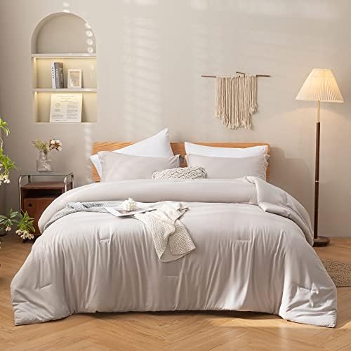 JANZAA 7pc Comforter Set Full Size Comforter Oatmeal Bed in a Bag Full Comforter Set with Microfiber Sheets Pillow Cases Pillow Shams Fitted Sheet Flat Sheet Farmhouse Soft Bed Bedding Set