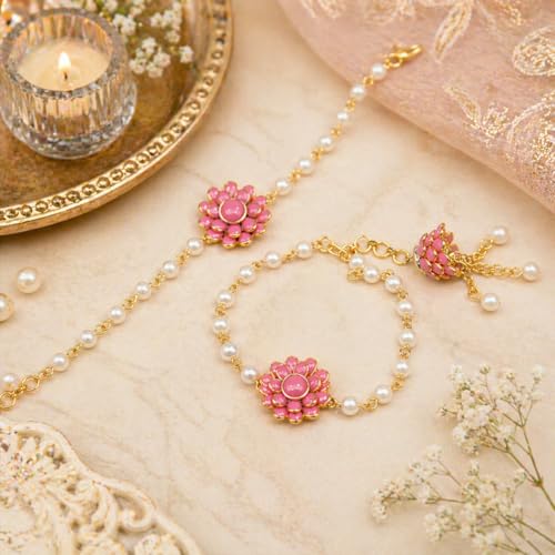 Image of JAIPUR ACE Pink Floral Couple Rakhi Bracelet | Gold Plated Hathphool Hand Harness with Pearl Chain | Elegant Rakhi for Bhai Bhabhi | Traditional Ethnic Hand Jewelry for Raksha Bandhan & Festivals