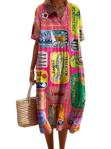 V Neck Boho Floral Linen Maxi Dress Women Summer Short Sleeve Loose Casual Beach Vacation Long Tunic Dress with Pocket