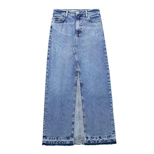 TOBILE Falda Larga de Mezclilla para Mujer, Azul de Cintura Alta con Abertura Desteñida, Botones de Primavera, Vaquera, Talla 44