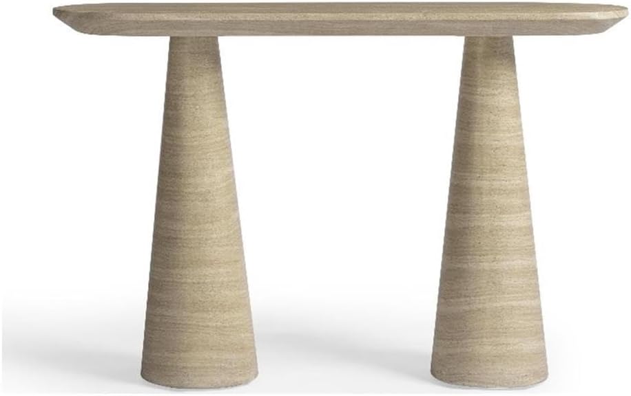Pemberly Row Contemporary Faux Travertine Console Table, 47.3" W x 14.2" D x 31.1" H, Handpainted Weather-Resistant Concrete Build, Indoor/Outdoor Use, Sleek Non-Porous Surface