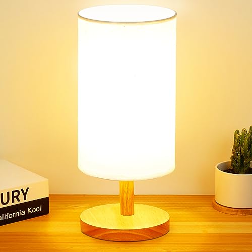 Modern Table Lamp for Bedroom - Dimmable Nightstand Lamp with Flaxen Fabric Shade, Solid Wood Base, LED Bulb Included