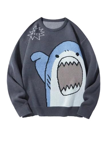 Men's Cute Shark Graphic Sweater Crew Neck Long Sleeve Pullovers Knit Top Streetwear
