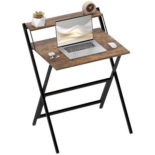 HOMCOM Bureau Pliable Table d'ordinateur 65,5 x 45 cm avec étagère de Rangement, Bureau Informatique Table d'écriture pour Chambre, Petits espaces, Brun Rustique