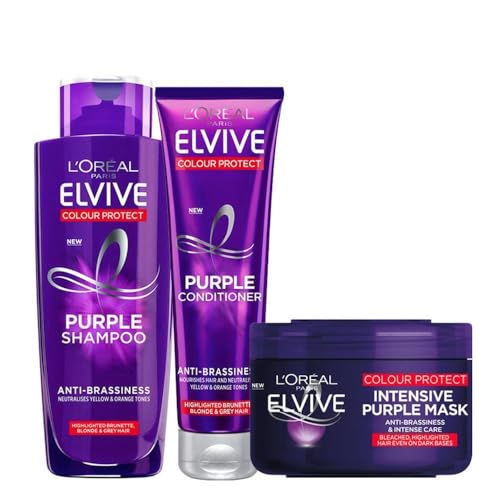 LOreal Paris Elvive Purple Anti-Brassiness Haircare Trio 200ml Shampoo 150ml Conditioner & 240ml Intensive Toning Mask Set (3-Piece Bundle)