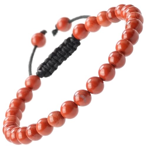 MASSIVE BEADS Natural Healing Power Gemstone Crystal Beads Unisex Adjustable Macrame Bracelets 6mm (Red Jasper, 6mm)