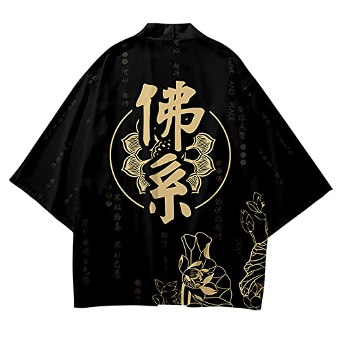 Image of DOSLAVIDA Men's Japanese Kimono Jacket Set Stylish Open Front Coat With Shorts Chinese Style Printed Cardigan Suit