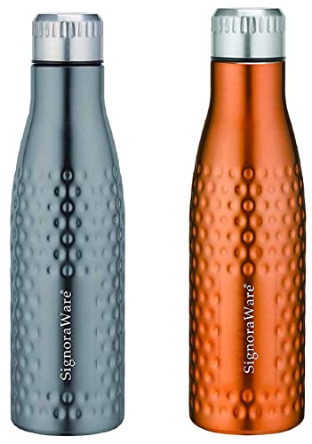 Image of Signoraware Aace Hammered Single Walled Stainless Steel Fridge Water Bottle, 1000ml, Grey + Signoraware Aace Hammered Single Walled Stainless Steel Fridge Water Bottle, 1000ml, Brown