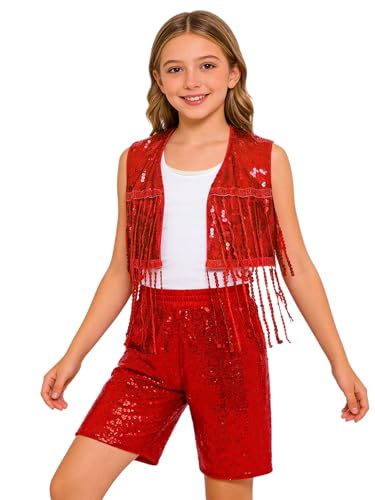 Costume danse paillettes rouge fille ensemble de scène brillant pour enfant