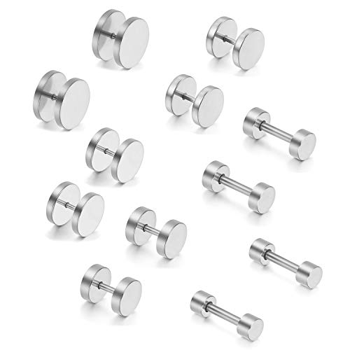 Aroncent 12PCS 6 Pairs 4-14mm Stainless Steel Black Tapers Cheater Faux Fake Ear Plugs Gauges Stud Earrings Set (silver)