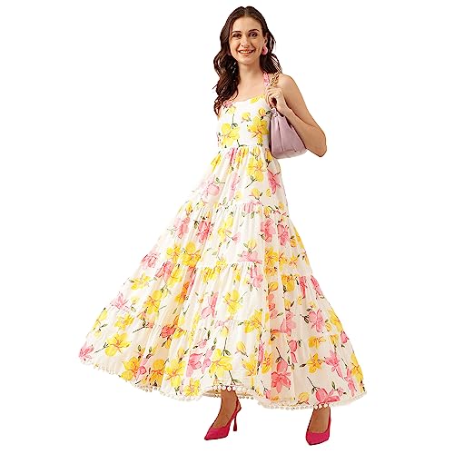 Image of Divena Rayon Cream A-Line Floral Printed Midi Dress