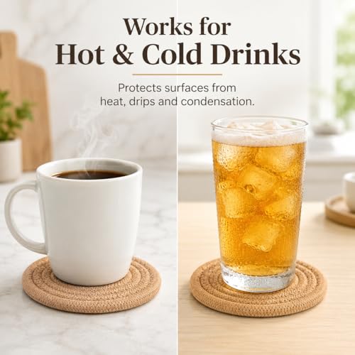 ABenkle Woven Coasters for Drinks Set of 6, Boho Absorbent Drinking Coaster, 4.3 Inch - Perfect Housewarming Gift, Home Decor, Bar Essentials for Coffee Table