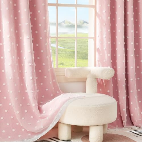 Image of PONY DANCE Pink Curtains for Living Room 84 Inches Long, 52W x 84L, 2 Pcs | Thermal Insulated Room Darkening Curtains with Pom Pom Sheer, Double Layer Curtain for Girls Nursery Bedroom, Blush Pink