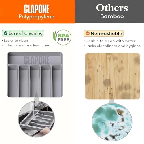 Image of CLAPONE Drawer Organizer Tray /Kitchen Expandable Utensil Tray /Adjustable Utensil Organizer /Cutlery Silverware Flatware Holder /Divider for Spoons Forks Knives Tablewar - Grey, 1PCS