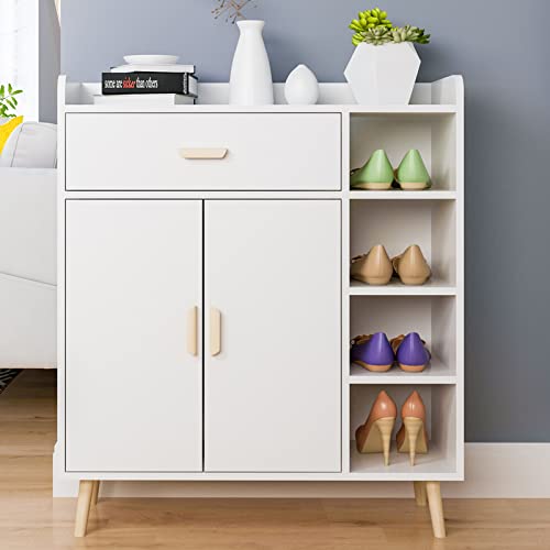 Shoe Cabinet with 1 Drawer & 5 Shelves,Shoes Rack Stand Shoe Shelf with 2 Doors,Wooden Storage Cabinet for Home Hallway Bedroom Living Room,White