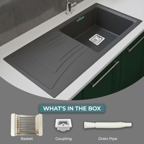 Image of ARQUIN Quartz Kitchen Sink with Drainboard 36x18x9 Inch Grey Granite sink for kitchen basin, UV Protected, Undermount | Topmount Noise Reducing
