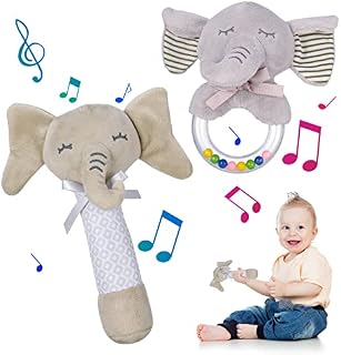 QINREN Baby Soft Rattle Sensory Toys, 2 Pack Stuffed Animal Hand Rattles Newborn Shaker Toy, Black and White Sensory Toys Educational Plush Toy for 0- 12 Months Boys Girls( Grey)