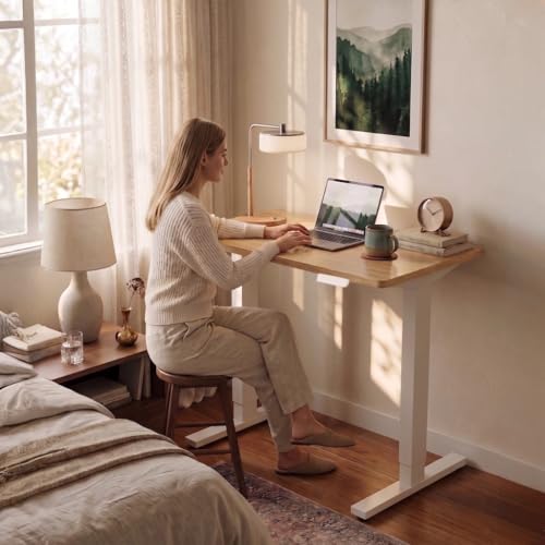Image of HUANUO 55 x 28 inch Electric Standing Desk Adjustable Height, 4 Memory Height Settings, Sit Stand Up Desk for Home Office & Computer Workstation, Light Walnut