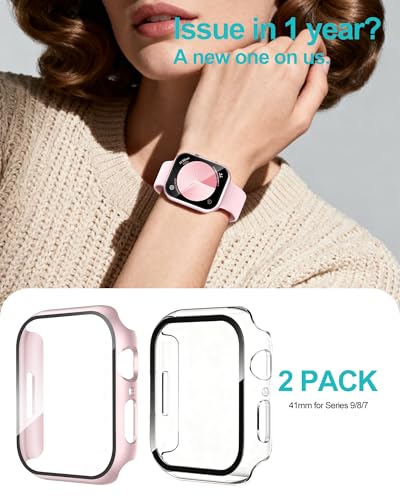Image of Smiling 2 Pack Case Compatible with Apple Watch Series 9 /Series 8 /Series 7 41mm with Tempered Glass Screen Protector, Hard PC Case Overall Protective Cover- 1 Pink + 1 Transparent