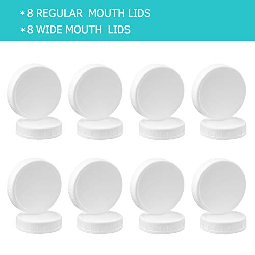Aozita 16-Pack Plastic Mason Jar Lids With Sealing Rings - Plastic Storage Caps For Ball Kerr Canning Jars - 8 Regular Mouth And 8 Wide Mouth Jar Lids - 100% Sealing #TOP2