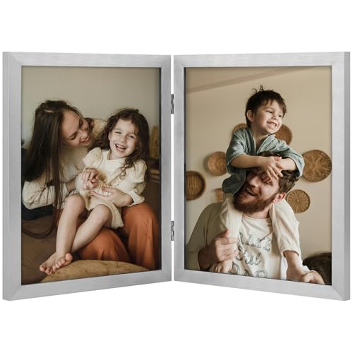 decorUhome Double 8x10 Picture Frame Vertical, Engineered Wood Bifold Photo Frame with Plexiglass for Tabletop Display, 8x10, Silver