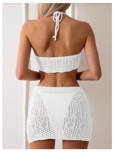 Verdusa Women's Hollow Out Crochet Halter Top and Skirt Cover Up Sets2