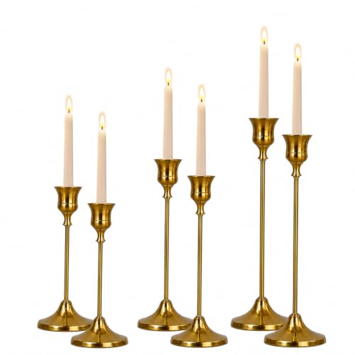 Oakernel Brass Taper Candle Holders 2 Sets(6 Pcs) - Tall Metal Candlestick Holders for Table Centerpiece, Formal Dinner, Wedding, Fireplace Mantel Decor, Fits 3/4 Inch Thick Candles