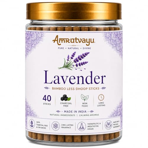 Image of Lavender Dhoop Sticks 4 inch 6mm Bamboo Less Incense Dhoop 40 Sticks for Pooja | No Charcoal Dhoop Batti with Holder Stand | Fragrance for Home, Mediation Relaxation
