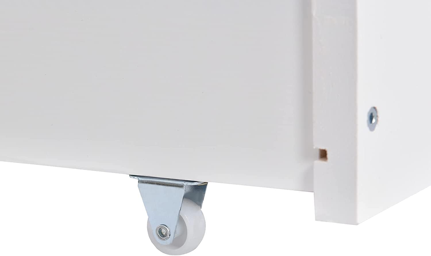 Close-up of a caster wheel on the bottom of the pull-out drawer, indicating smooth movement.