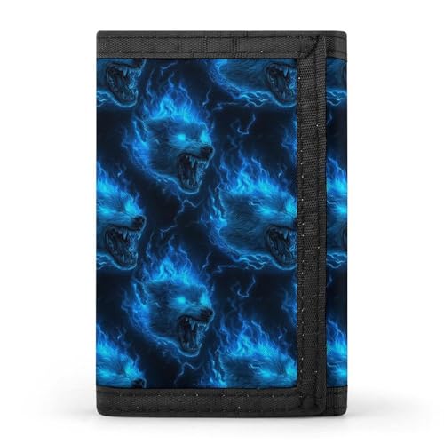 Lightning Wolf Head Blue Flame Print Wallet for Men, 8 Credit Card Holder Slim Minimalist Front Pocket Small Mens Bifold Wallets