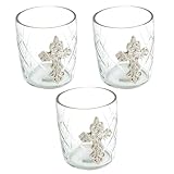 Silver Cross on Glass Cup, Votive Candle Holder. - Set of 3