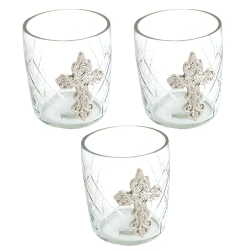 Nickel Cross on Glass Cup, Votive Candle Holder. - Set of 3