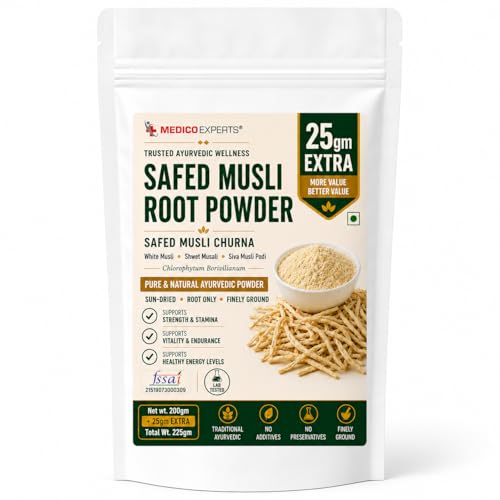 Image of Safed Musli Root Powder 225g (200g + 25g Extra) | Pure & Natural | White Musli, Shwet Musali, Siva Musli Podi | Chlorophytum Borivilianum | FSSAI Certified, Lab Tested