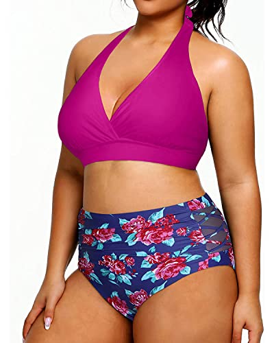 Yonique Womens Two Piece Plus Size Halter Bikini Swimsuits Tummy Control Bathing Suits High Waisted Swimwear Purple And Flowers 14W #TOP3