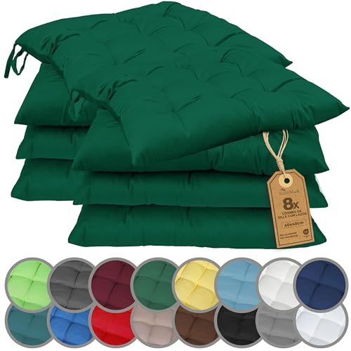 NatureMark Set de 8 Cojines para Sillas con Lazos 40x40 cm – Cojín de Asiento Relleno para Cocina, Jardín y Terraza – Color Verde Oscuro